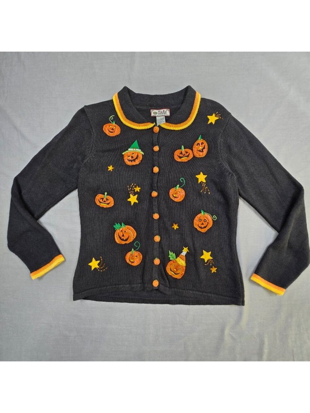 Tiara International Small Womens Halloween Cardigan Sweater Black Pumpkin